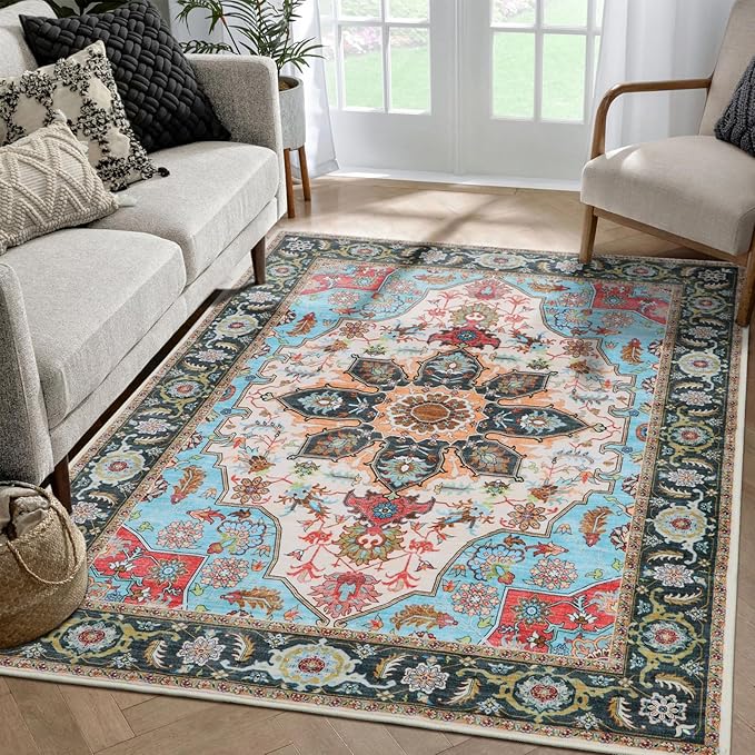 WILLSUN Washable Area Rugs, 3x5 Non-Slip Boho Large Area Rugs for Living Room, Bedroom, Machine Washable Vintage Rug, Indoor Floral Print Carpet for Home Decor, Kid & Pet Friendly Mat