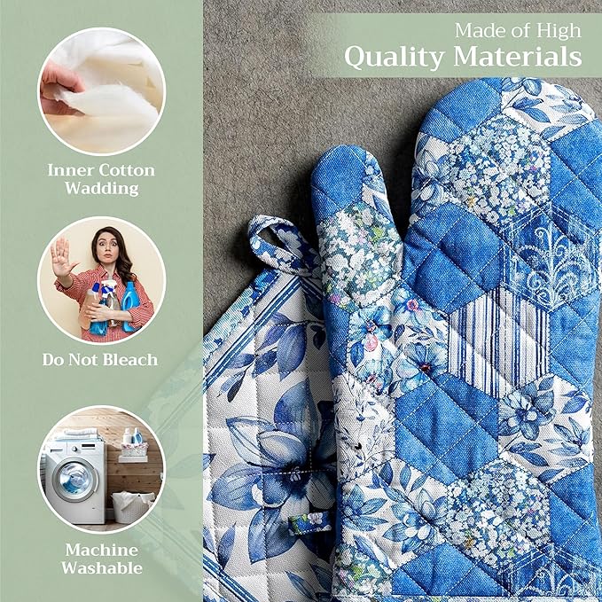 Maison d' Hermine 100% Cotton Oven Mitt & Pot Holder Set (7.5"x13" & 8"x8") Heat Resistant BBQ Cooking Gloves with Loop, Baking, Grilling, Kitchen, Handling Hot Pans Spring/Summer (Summer Blues)