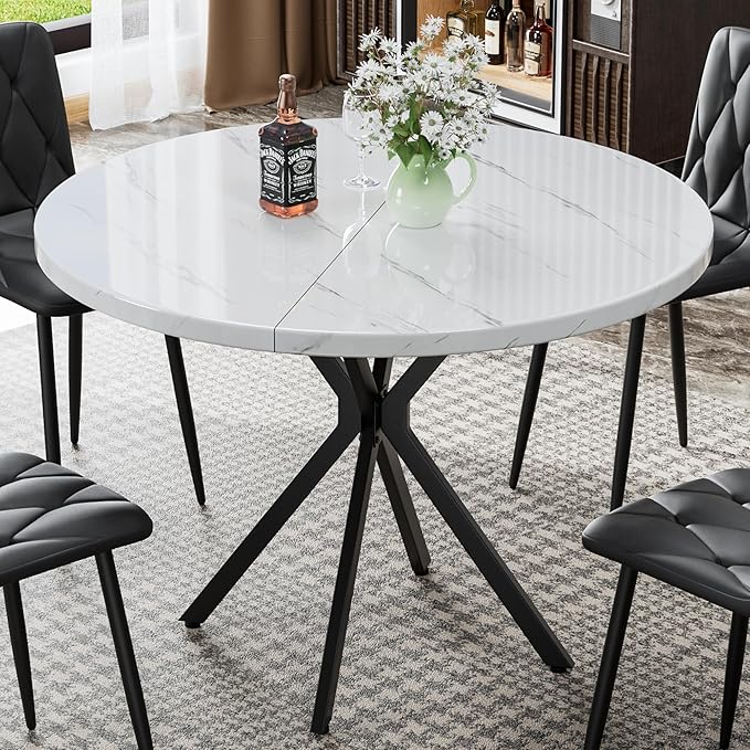 Round Dining Table, 39 Inch Modern Round Kitchen Table White Dining Table with Black X Base, Leisure Table for 4-5 People Small Space Dining Room, Apartment, Kitchen