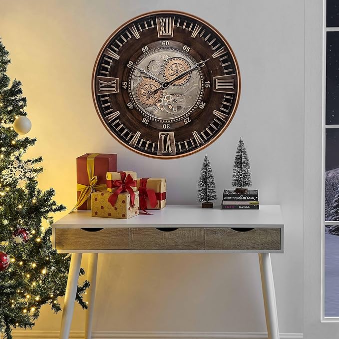 CLXEAST 24 Inch Large Moving Gear Wall Clock for Farmhouse Living Room Decor,Vintage Industrial Bronze Gold Metal Wall Clock for Home Office,House Warming Gifts New Home