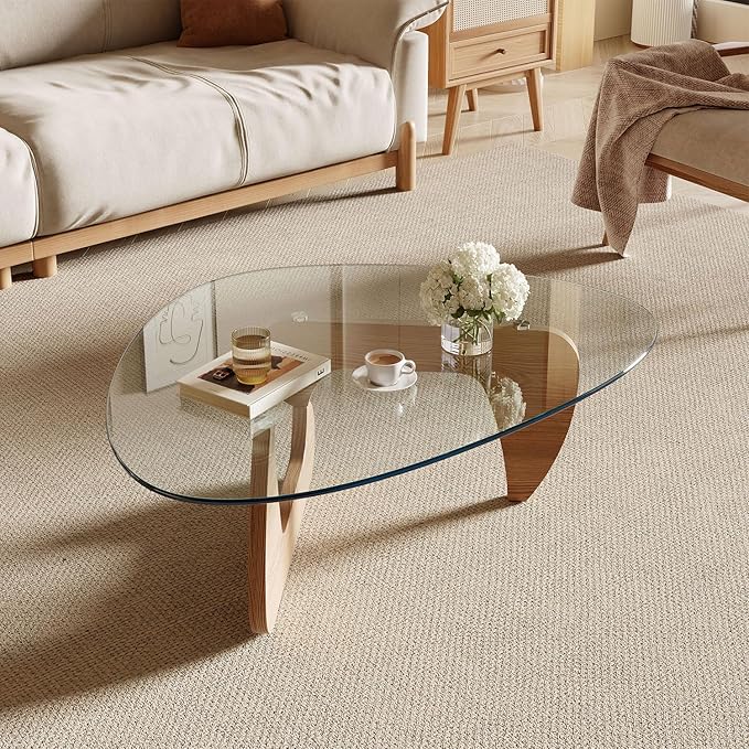 Modern Coffee Table for Living Room and Small Spaces, 43.3" x 29.5" x 15.8" Triangle Tempered Glass Table Top and Eco-Friendly MDF Base, Natural Wood
