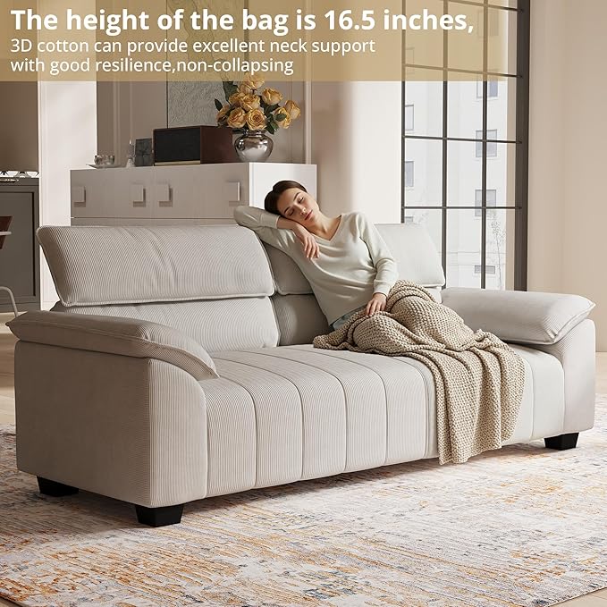 ANCTOR 82.7" Corduroy Sofa, Comfy Couch with Deep Seats, Modern 3 Seater, Oversized Loveseat for Living Room,Office,Apartment Lounge,Easy Assembly, Beige