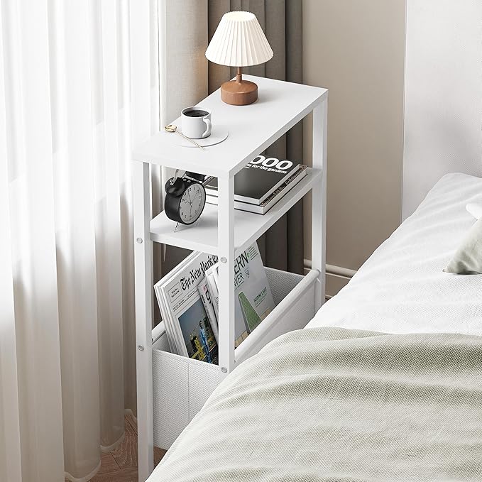 Narrow Side Table, Slim End Table with Magazine Rack, Bedside Table for Small Spaces, 3 Tier Sofa Couch Table Nightstand for Living Room, Bedroom, White LET503W