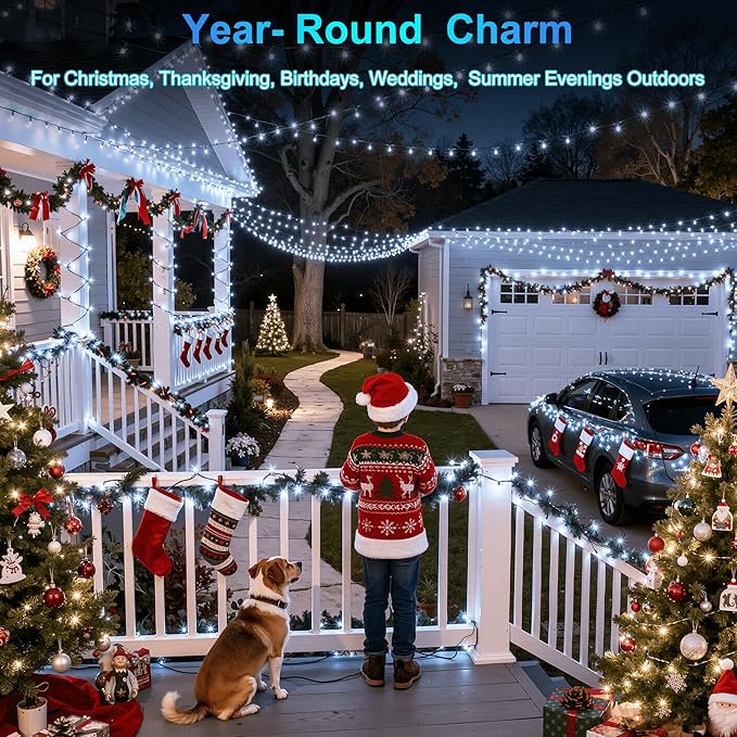 1500LED Christmas Lights Outdoor Use, 470ft 12 Modes Cool White LED String Lights with Timer Dimmable, Waterproof Christmas Lights for Tree Wedding Xmas Patio Fence Balcony Garden Decor Cool White