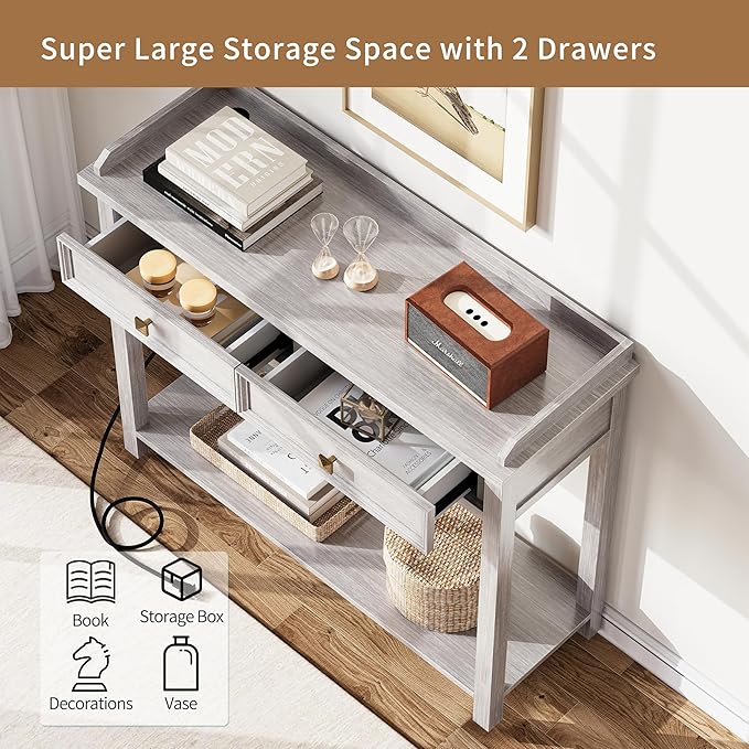 40" Console Table with Drawers, Entryway Table with Charging Station, Mid Century Console Table with Bottom Shelf, Wood Accent Sofa Table for Living Room, Hallway, Foyer, Drawers Pre-Assembled, Grey