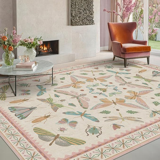 Pastel Pink Girls Rugs for Bedroom 6x8 - Washable Area Rug for Living Room, Dining Room Under Table, Boho Butterfly Cut Design, Low Pile & Soft Stain Resistant Carpet