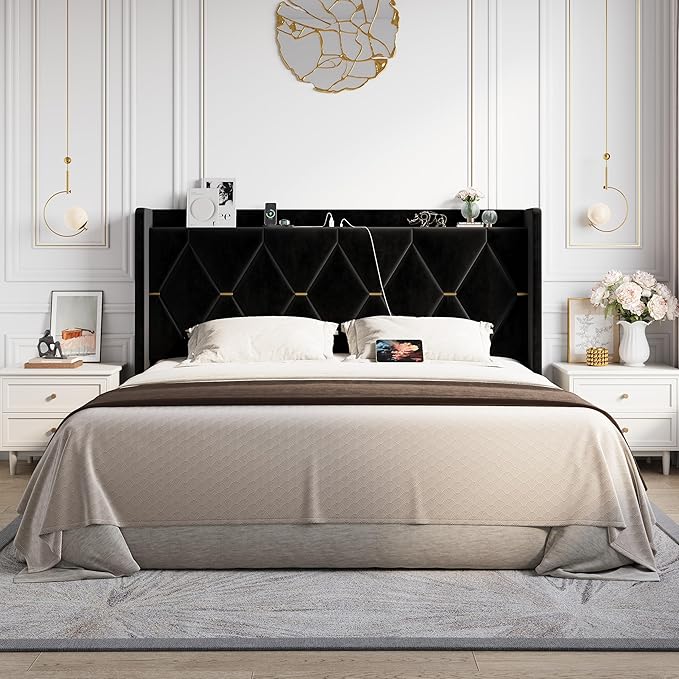 Allewie Velvet King Size Upholstered Bed Frame with Wingback Storage Headboard & Charging Station, Platform Bed with Diamond Tufted Design & Gold Trim, No Box Spring Needed, Easy Assembly, Black
