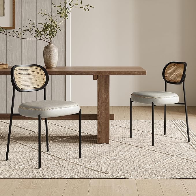 Rattan Dining Chairs Set of 4, Beige Leather Upholstered Dining Chairs with Rattan Cane Back, Mid Century Modern Dining Room Chairs with Black Metal Legs & D-Shaped Thicken Cushion, Beige