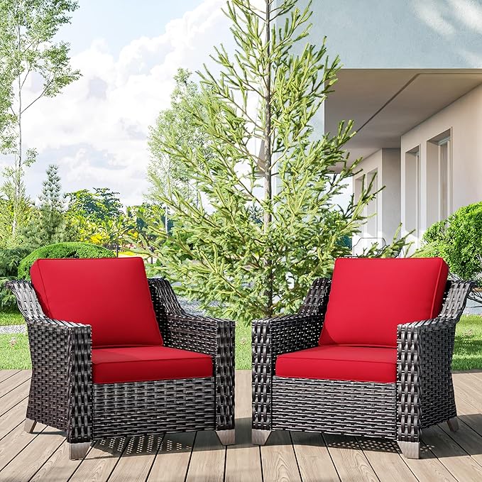 Wicker Patio Chairs Set of 2, Luxury Rattan Patio Furniture with Wide Armrest, Thickened Cushions, Outdoor Chairs for Deck, Porch Use