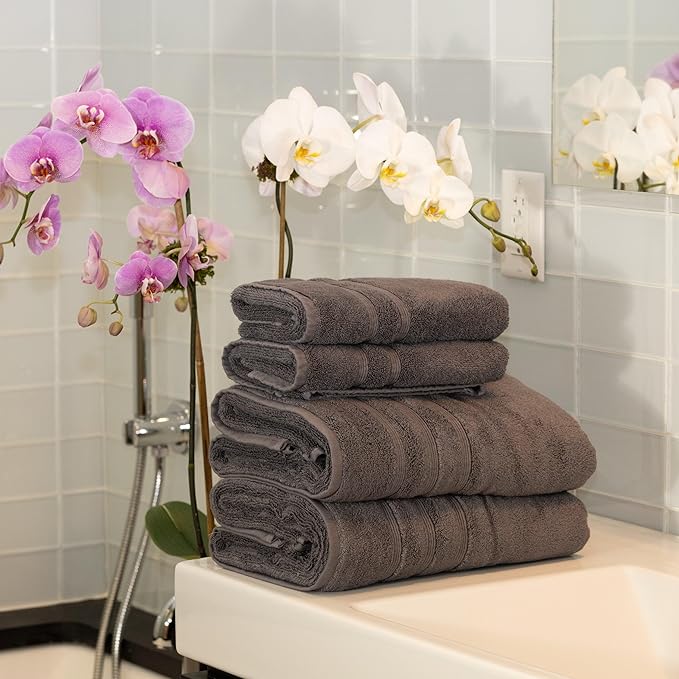 Mosobam Luxury Turkish 4pc Towel Set 30X58 16X30 Charcoal Gray (Dark Grey) 700 GSM Bamboo Viscose & Aegean Turkish Combed Cotton