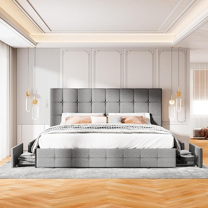 MUTICOR King Size Bed Frame with 4 Storage Drawers, Upholstered Platform Bed with Button Tufted Adjustable Headboard, No Box Spring Needed, Easy Assembly, Square Tufted, Light Grey Fabric
