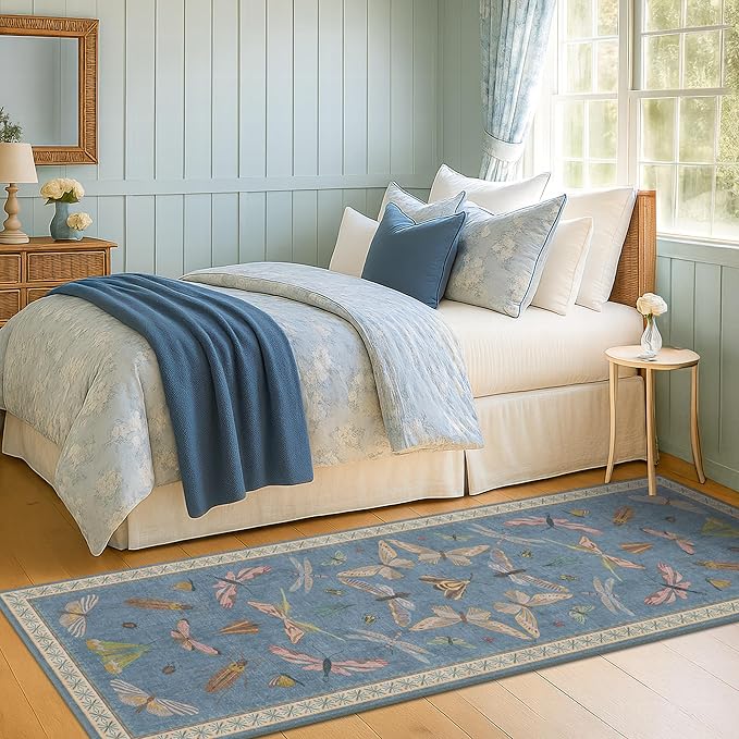 Boho Non Slip Kitchen Rug Runner - 2x5 Blue Washable Thin Rug for Bathroom, Laundry Room, Hallway, Non Slip with Rubber Backing, Insect Print Unique Runner