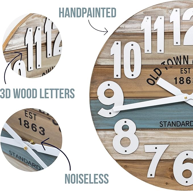 30" Wooden Multi-Color Maritime Coastal Beach Large Number Wall Clock (Blue, 30 inch)