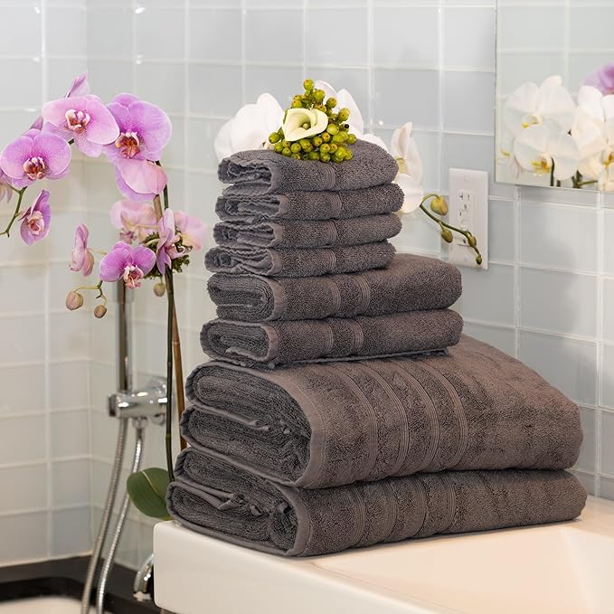 Mosobam Luxury Turkish 8pc XL Towel Set 35X70 16X30 13X13 Charcoal Gray (Dark Grey) 700 GSM Bamboo Viscose & Aegean Turkish Combed Cotton