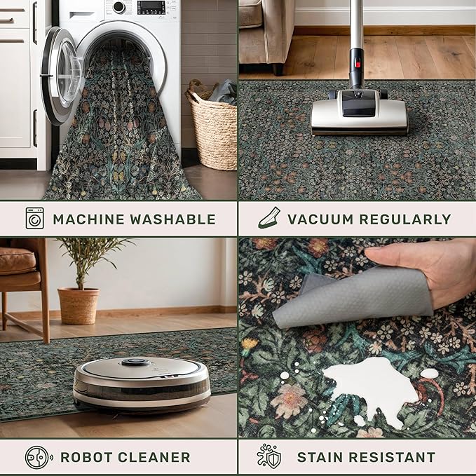 Dark Green 4x6 Washable Area Rug for Living Room Bedroom Large Entryway Kitchen, Ultra Soft Non Slip Stain Resistance, Floral Distressed Aethestic Design