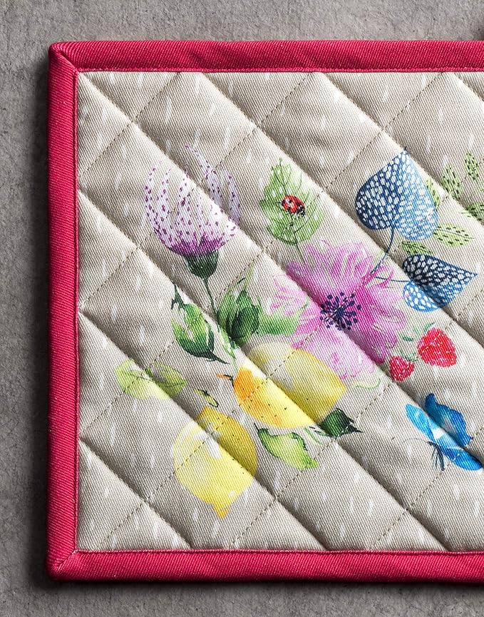 Maison d' Hermine Pot Holders Set 100% Cotton Heat Resistant Potholders 8" x 8" Hot Pads with Loop BBQ, Cooking, Grilling, Kitchen, Handling Hot Pans Spring/Summer (Pack of 2, Jardin D'Ete - Fog)