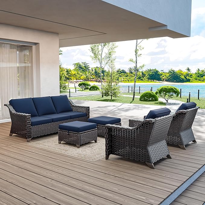 5 Pieces Wicker Patio Furniture, Luxury Outdoor Conversation Sets with 2 Patio Rattan Chair, 3-Seater Sofa, 2 Patio Ottoman, Wide Armrest, Thickened Cushions, Ideal for Deck, Porch Use