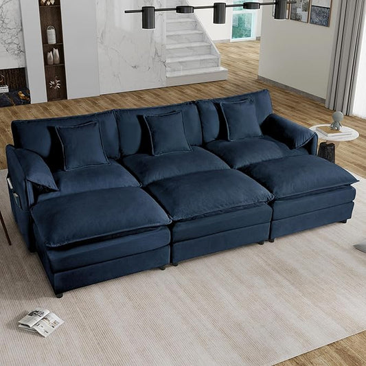 109.45" Oversized Extra Deep Seat Modern Chenille Cloud Couch, Large 3 Seater Modular Sofa for Living Room,Convertible Sofa Bed,Bedroom Apartment Office(Blue, 109.45 Inch+3Ottoman)