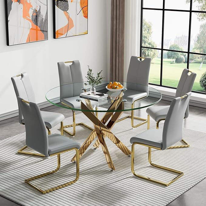 Goujxcy Round Dining Table Set for 6, Modern Glass Kitchen Table and Chairs Set of 6, 7 Piece Dining Room Table Set with 47" Circle Gold Metal Glass Dinner Table and 6 Grey Leather Dining Chairs