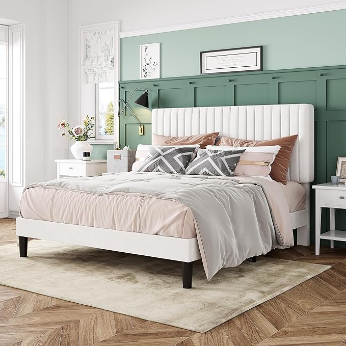 Allewie Full Bed Frame, Velvet Upholstered Platform Bed with Adjustable Vertical Channel Tufted Headboard, Mattress Foundation with Strong Wooden Slats, Box Spring Optional, Easy Assembly, Off-White