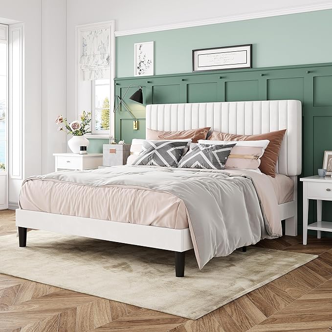 Allewie Queen Bed Frame, Velvet Upholstered Platform Bed with Adjustable Vertical Channel Tufted Headboard, Mattress Foundation with Strong Wooden Slats, Box Spring Optional, Easy Assembly, Off-White