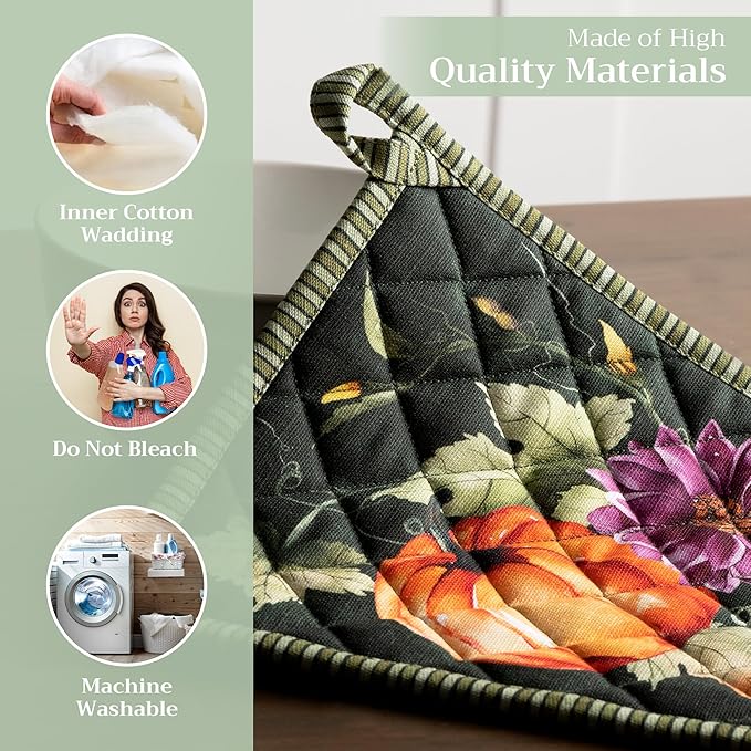 Maison d' Hermine Pot Holders Set 100% Cotton Heat Resistant Potholders 8" x 8" Hot Pads with Loop for Thanksgiving Christmas Decorations Handling Hot Pans (Pack of 2, Pumpkin Garden - Dark Green)