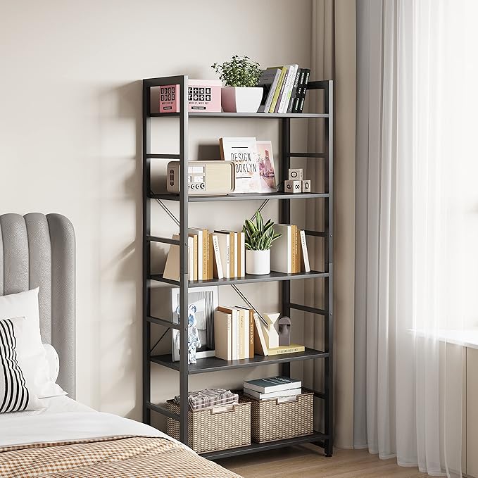 24" Bookshelf, 5-Tier Ladder Shelf, Industrial Bookcase, Wooden and Metal Storage Rack, Shelving Unit for Living Room Entryway Office, Black Book Shelves
