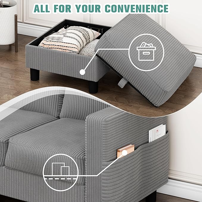 SUNLEI Convertible Sectional Sofa for Small Spaces, L Shaped Modular Sofa with Reversible Chaise & Ottoman Storage, 3 Seat Modern Small Couches for Living Room in Apartment, Linen Fabric, Light Grey