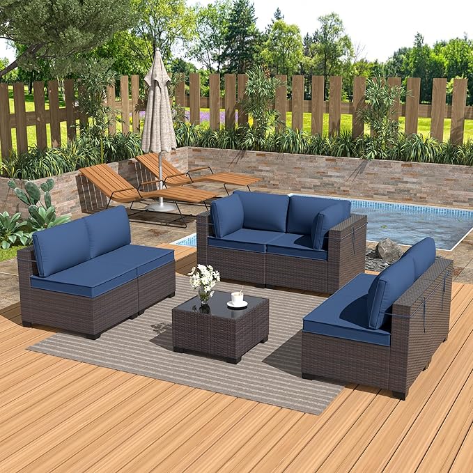Kurapika 7 Pieces Patio Furniture Set, Rattan Wicker Outdoor Conversation Sets w/4 Inch Cushion and Glass Coffee Table(Navy Blue)