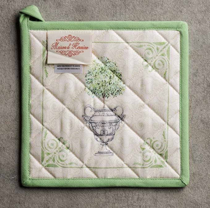 Maison d' Hermine Pot Holders 100% Cotton Heat Resistant Potholders 8" x 8" Hot Pads with Loop BBQ, Cooking, Baking, Grilling, Kitchen, Handling Hot Pans Spring/Summer (Pack of 1, Jardin Du Roy)