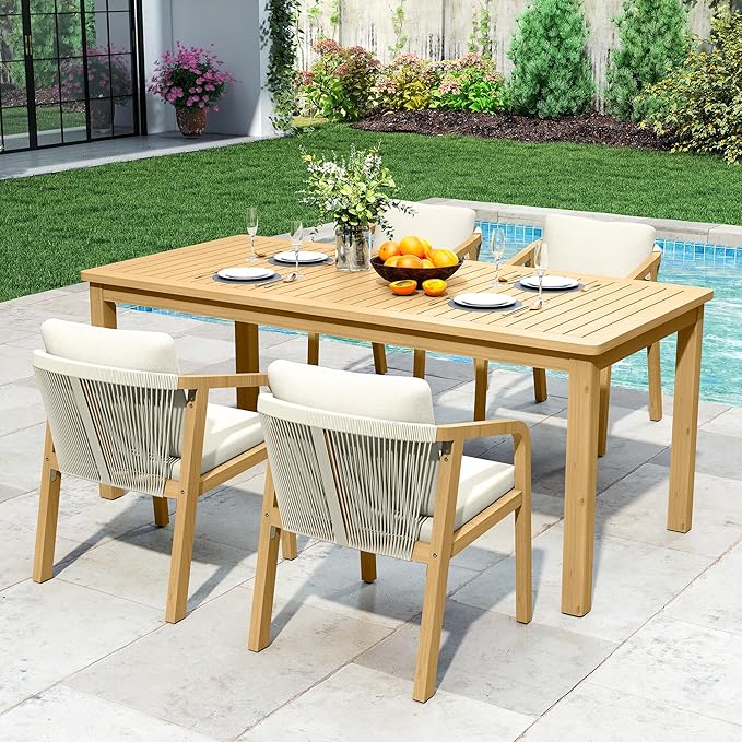 5-Piece Outdoor Dining Set for 4 with 23" Extra Wide Chair and Cushion，Patio Table and Chairs Set with All Acacia Wood Frame, All-Weather Outdoor Patio Furniture Set for Garden Lawn, Beige