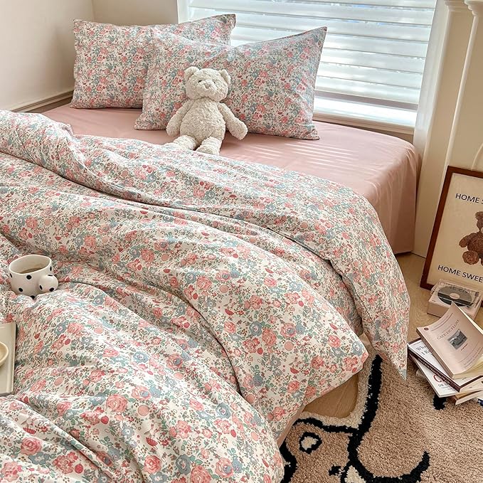 EAVD French Garden Pink Floral Comforter Set Full Soft Microfiber Chic Shabby Floral Bedding Set with 2 Pillowcases Cute Botanical Comforter Set for All-Season