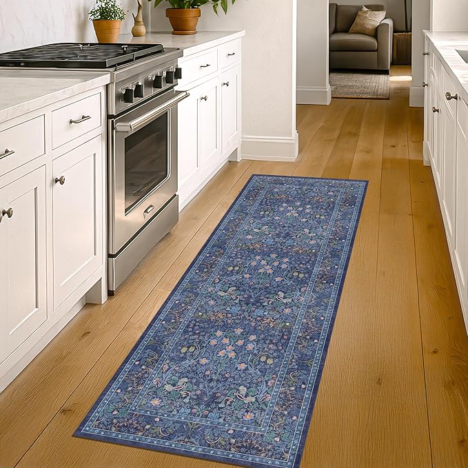 Non Slip 2x10 Dark Blue Hallway Runner - 10ft Long Runner Rugs, Washable Kitchen Floor Mat - Vintage Navy Floral Design Décor
