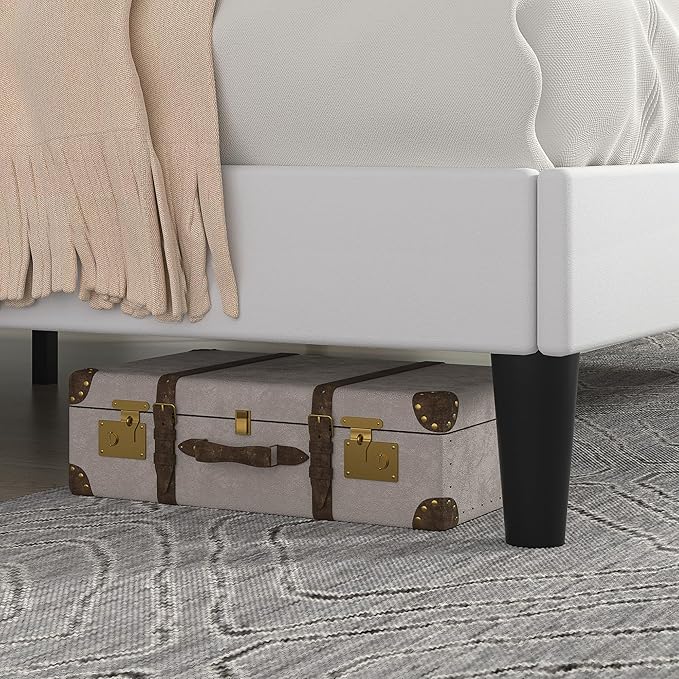 VECELO Queen Size Bed Frame with Upholstered Headboard, Velvet Platform Bedframe Mattress Foundation, Strong Wood Slat Support, No Box Spring Needed,White