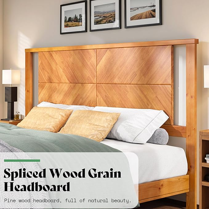 AMERLIFE Solid Wood Queen Size Bed Frame with Headboard, Rustic Style Platform Bed Frame with Under-Bed Storage, No Box Spring Needed, Noise Free, Easy Assembly, Light Brown