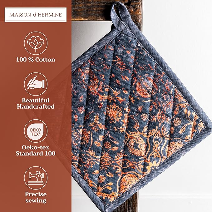 Maison d' Hermine Pot Holders 100% Cotton Heat Resistant Potholders 8" x 8" Hot Pads with Loop for Thanksgiving Christmas Decorations BBQ Cooking Baking Handling Hot Pans (Pack of 1, Imperfection)