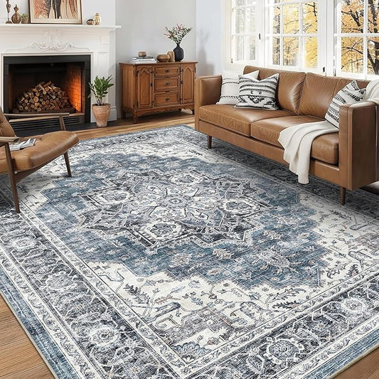 5x7 Area Rugs for Living Room Ultra-Soft Washable Rug Vintage Distressed Boho Area Rug, Non-Slip Retro Print Low Pile Stain Resistant Carpet for Bedroom Dining Room Kitchen Office