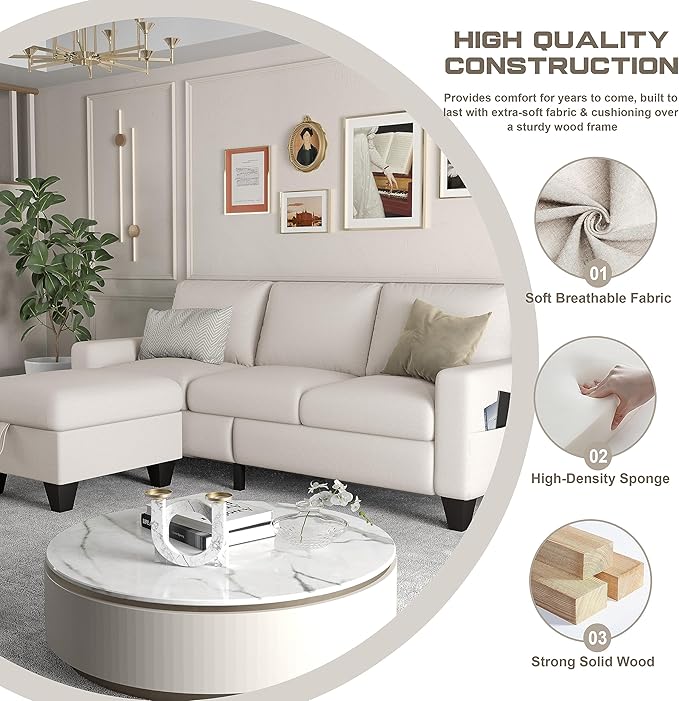 ZeeFu Couch for Living Room - 78'' Beige Linen 3 Seat L-Shaped Sectional Sofa Couches with Storage Ottoman - Modern Small Space Upholstered Furniture Sofa Set for Office Small Space Apartment Bedroom