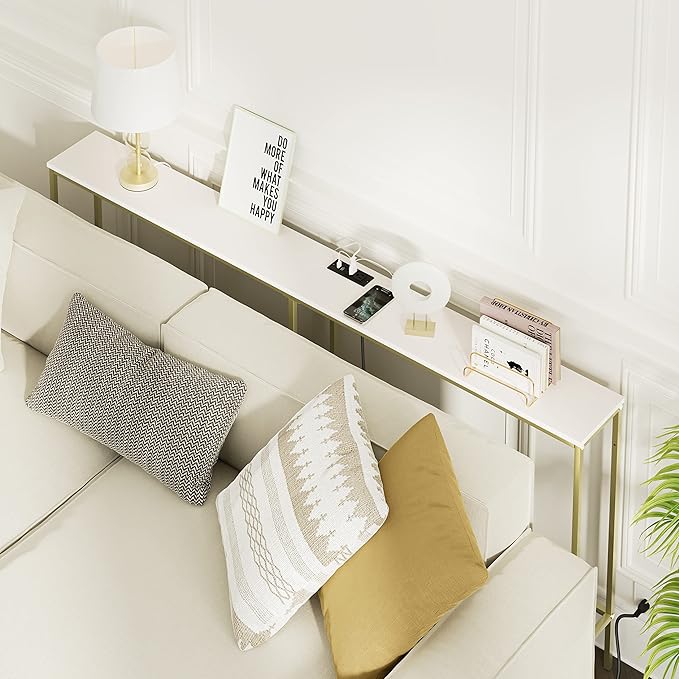 70.9 Inch Console Table with Power Outlet，Modern Narrow Long Sofa Table Behind Couch,Skinny Entry Table with Gold Metal Frame for Entryway,Living Room, Hallway,Classic White