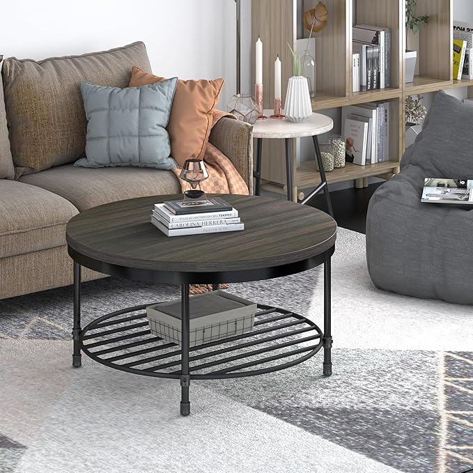 NSdirect 36" Round Coffee Table with Storage Shelf, Dark Grey Brown Vintage Wood Top & Metal Legs - 18.5" Height End Table for Small Spaces (Dark Grey Brown)