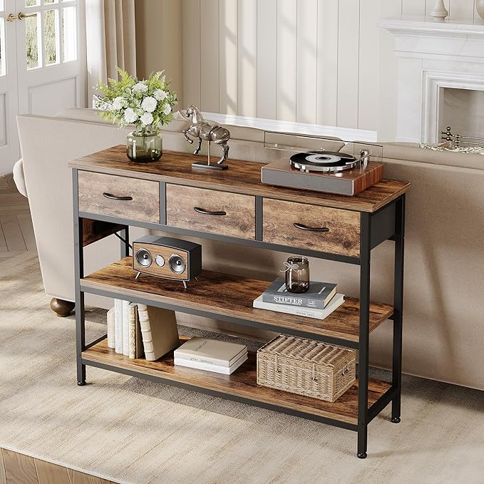 Lulive Entryway Table with Power Outlets, Console Table with 3 Fabric Drawers, Sofa Table for Living Room, Hallway, Couch, Foyer, Height Adjustable (Rustic Brown, 43")
