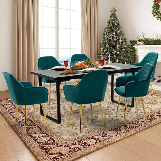 ECOTOUGE Matte Velvet Dining Chairs Set of 6, Modern Arm Chair with Golden Metal Legs, Living Room Accent Chairs for Kitchen, Emerald Green