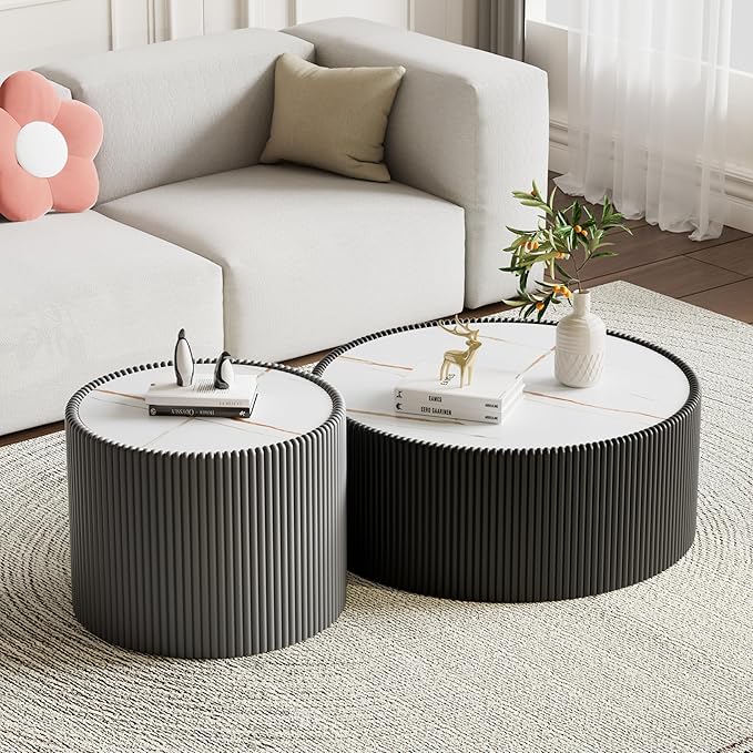 Round Coffee Table Set with Sintered Stone Tabletop, 29.52" Black Drum Center Table and 17.71" Grey Coffee Table Set, 2 Pieces Living Room Table Set with Fluted PU Leather Cover& Stable Base