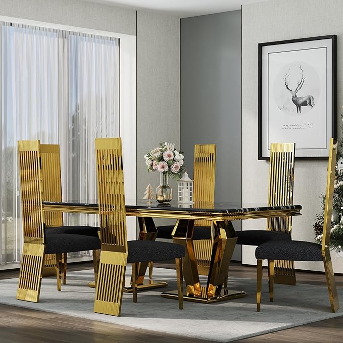 Dining Chairs Set of 6, Black Boucle Dining Room Chairs with Polished Gold Stainless Steel Legs and High Back