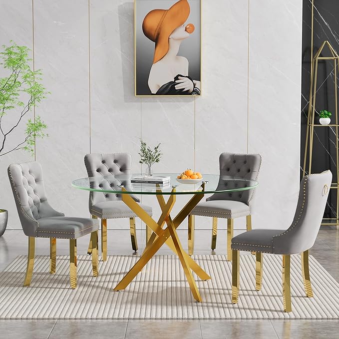Goujxcy Round Dining Table Set for 4, Modern Glass Kitchen Table and Chairs Set of 4, 5-Piece Dining Room Table Set w/47 Circle Gold Glass Dining Table and 4 Upholstered Velvet Chairs