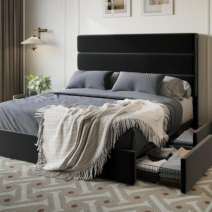 SHA CERLIN Queen Size Platform Bed Frame with 4 Storage Drawers, Velvet Upholstered Headboard, Mattress Foundation with Wooden Slats Support, No Box Spring Needed, Easy Assembly, Black