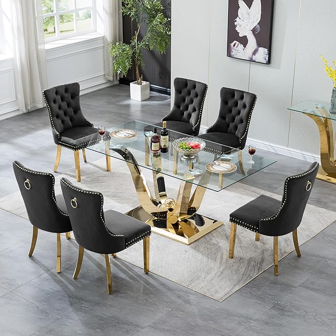 70" Modern Gold Glass Dining Table Set for 6, 7-Piece Rectangle Kitchen Dining Room Table Set with Steel Base & 6 Black Velvet Upholstered Chairs, Modern Glass Kitchen Table and Chairs Set of 6