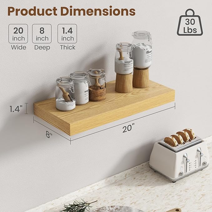 20 Inch Floating Shelves for Wall, 8 Inch Deep Floating Shelf for Storage & Display, Rustic Wall Mounted Shelf with Invisible Brackets for Living Room, Kitchen, Bathroom, Home Decor, Set of 2, Oak