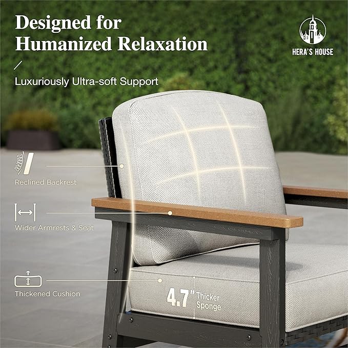 HERA'S HOUSE HDPE Patio Furniture Set, 4-Piece Outdoor Wicker Conversation Couch Set with 57" Fire Pit Table and Thick Cushion, All-Weather Patio Sofa Set for Backyard Garden Deck
