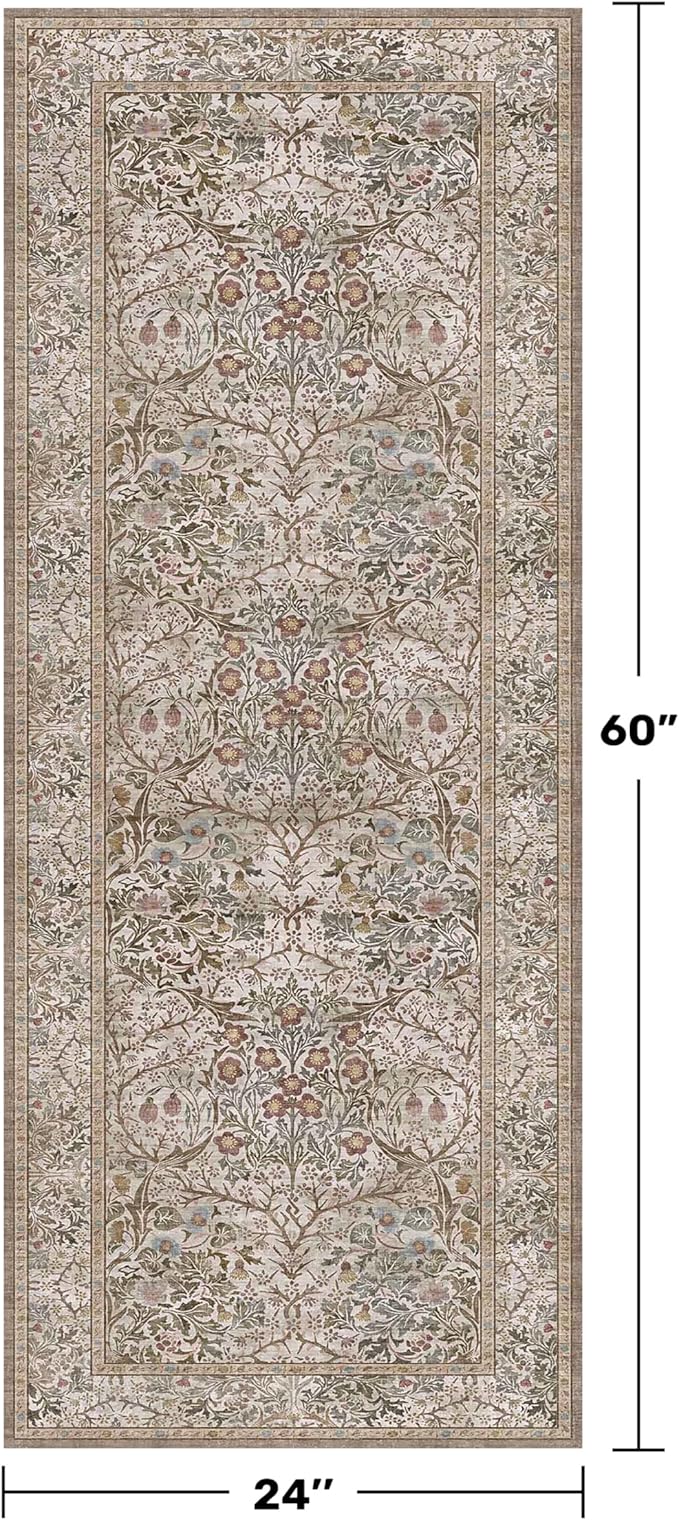 Non Slip 2x5 Moss Green Bathroom Runner Rug - Small Runner Rugs, Washable Kitchen Floor Mat, Bedroom, Laundry Room, Hallway Runner - Vintage Oriental Taupe Dark Décor